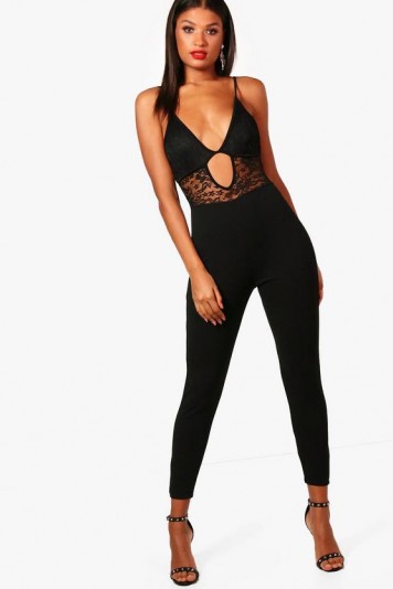 boohoo Dalia Lingerie Style Skinny Leg Jumpsuit – black fitted jumpsuits – party fashion