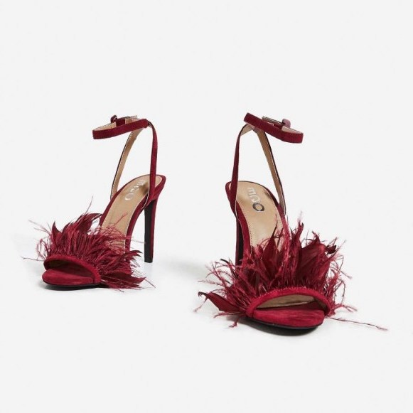 EGO Dalla Oversized Feather Barely There Heel In Maroon Faux Suede ~ dark red party heels - flipped