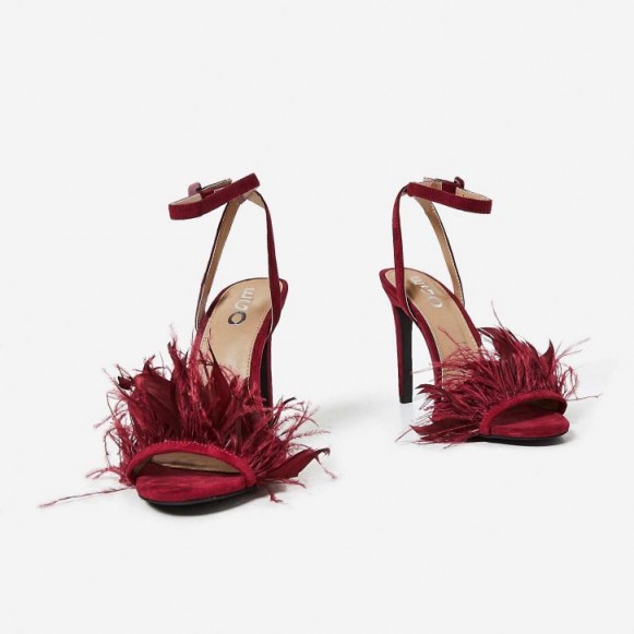 EGO Dalla Oversized Feather Barely There Heel In Maroon Faux Suede ~ dark red party heels