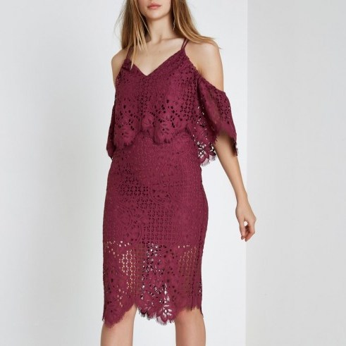 River Island Dark pink broderie lace bodycon midi dress ~ cold shoulder party dresses - flipped