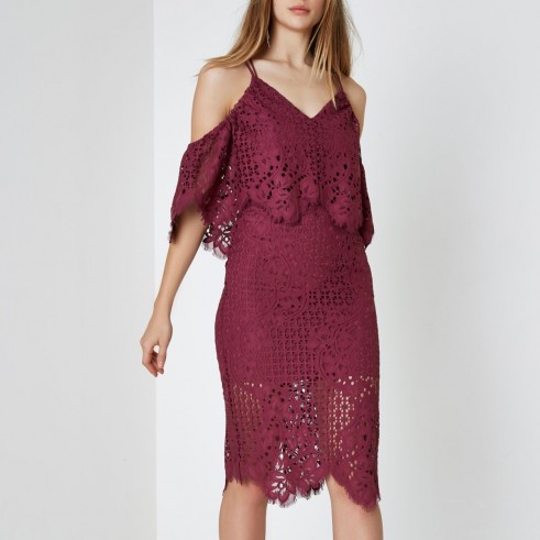 River Island Dark pink broderie lace bodycon midi dress ~ cold shoulder party dresses