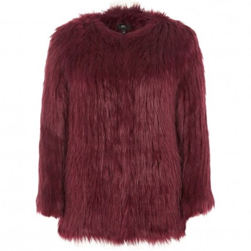 River Island Dark red faux fur knit coat – fluffy winter coats - flipped