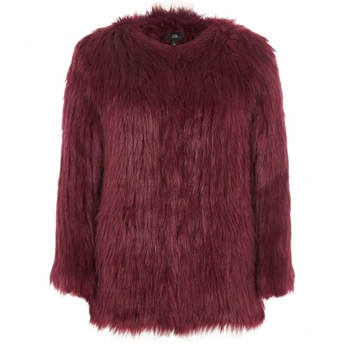 River Island Dark red faux fur knit coat – fluffy winter coats