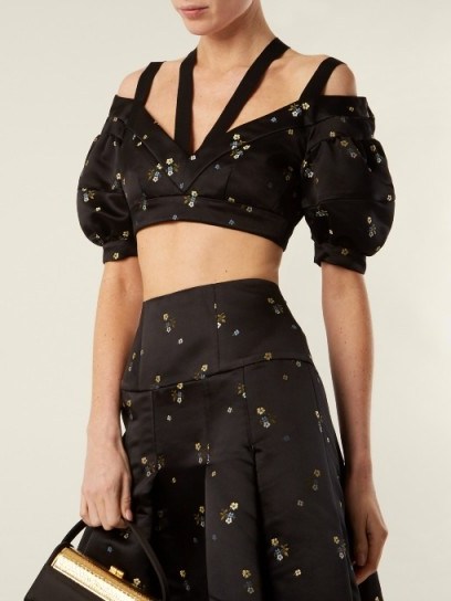 ERDEM Debra cropped floral-embroidered duchess-satin top ~ strappy crop tops - flipped