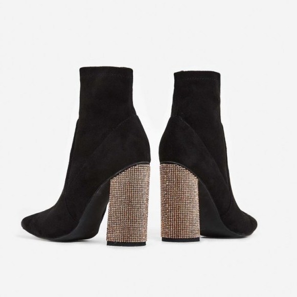EGO Dixie Gold Diamante Heel Ankle Boot In Black Faux Suede ~ embellished block heeled boots - flipped