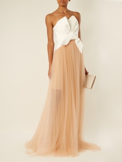 DELPOZO Draped front strapless fil-coupé and tulle gown ~ peach and white statement gowns - flipped