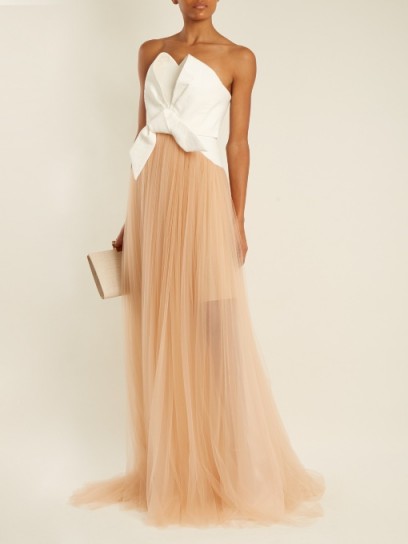 DELPOZO Draped front strapless fil-coupé and tulle gown ~ peach and white statement gowns