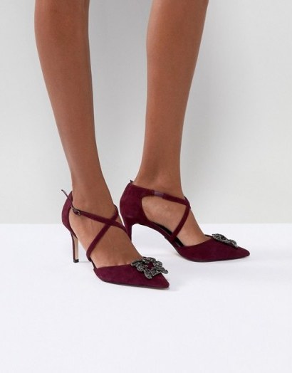 Dune London Pointed Shoe with Crystal Embellishment and Cross Straps – berry-red strappy shoes - flipped