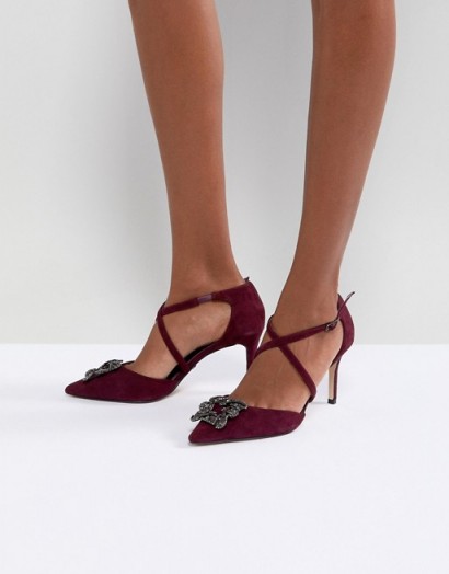 Dune London Pointed Shoe with Crystal Embellishment and Cross Straps – berry-red strappy shoes