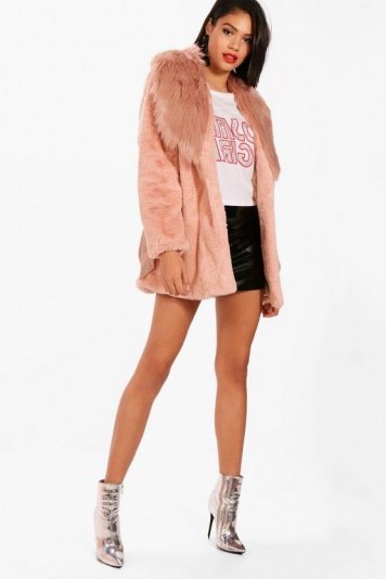 boohoo Elizabeth Boutique Mix Faux Fur Belted Coat – rose-pink winter coats - flipped