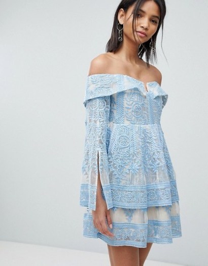 Elliatt Off Shoulder Embroidered Dress ~ sky blue party dresses - flipped