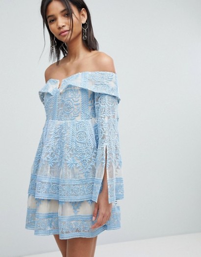 Elliatt Off Shoulder Embroidered Dress ~ sky blue party dresses