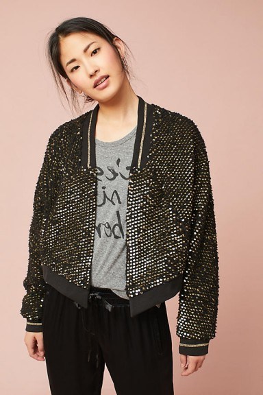 ANTHROPOLOGIE Elora Sequined Knitted Jacket ~ black shimmering sequin jackets - flipped