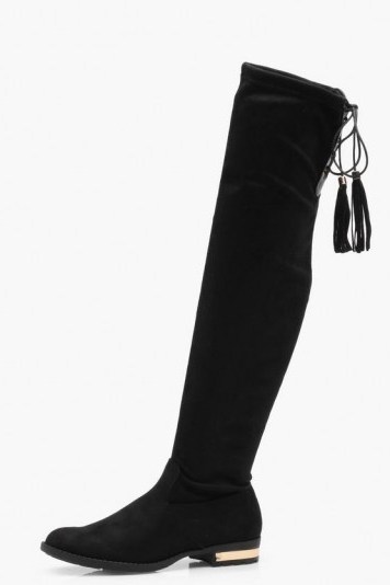 boohoo Elsa Metallic Heel Clip Flat Over the Knee Boot ~ black black tie long boots - flipped