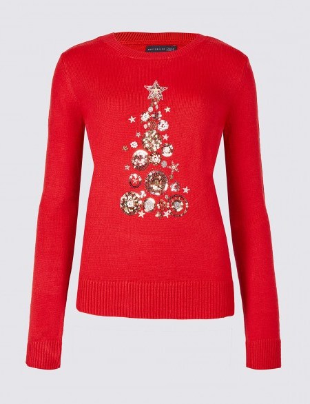 M&S COLLECTION Embellished Christmas Tree Novelty Jumper / red xmas jumpers / Marks and Spencer festive knitwear - flipped