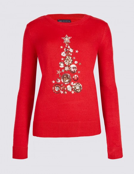 M&S COLLECTION Embellished Christmas Tree Novelty Jumper / red xmas jumpers / Marks and Spencer festive knitwear