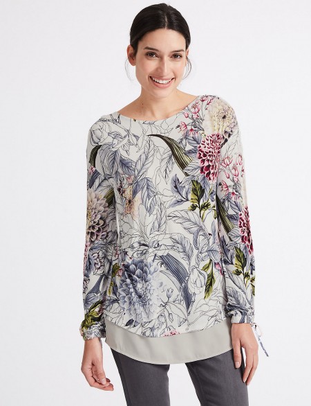 PER UNA New Embellished Front Floral Long Sleeve T-Shirt / layered tops / tie sleeves / M&S fashion