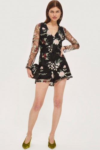 Topshop Embroidered Lace Playsuit – party fashion – floral sheer sleeved playsuits