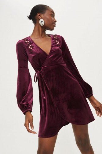 TOPSHOP Embroidered Burgundy Velvet Wrap Dress – long sleeve party dresses - flipped
