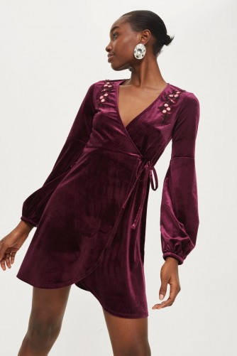 TOPSHOP Embroidered Burgundy Velvet Wrap Dress – long sleeve party dresses