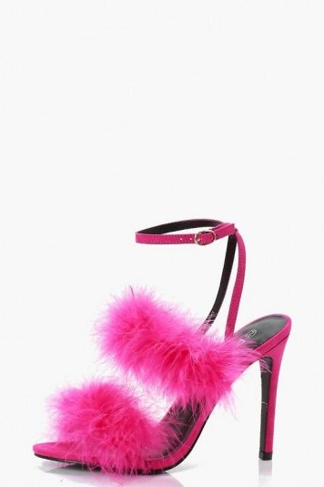boohoo Emma Feather Cross Strap Heels – fluffy pink party shoes - flipped