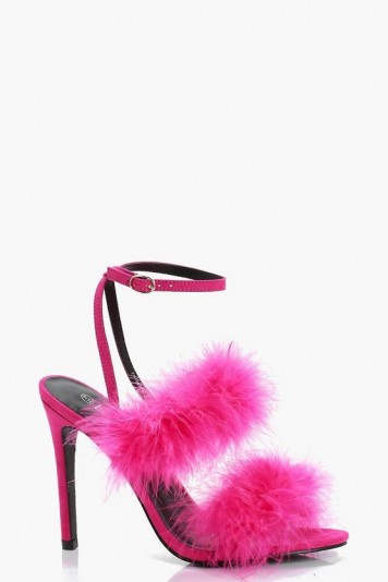 boohoo Emma Feather Cross Strap Heels – fluffy pink party shoes