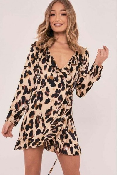 IN THE STYLE EMME GOLD SATIN LEOPARD PRINT FRILL WRAP DRESS ~ animal prints ~ ruffle trim party dresses - flipped