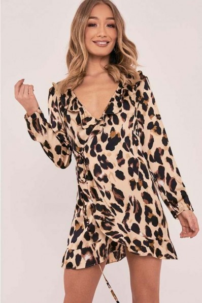 IN THE STYLE EMME GOLD SATIN LEOPARD PRINT FRILL WRAP DRESS ~ animal prints ~ ruffle trim party dresses