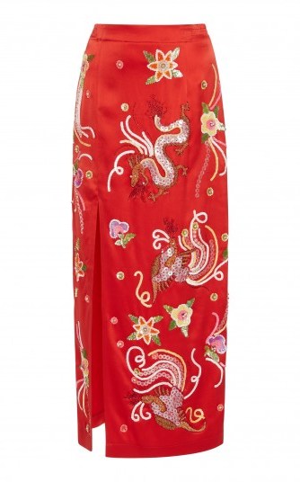 Attico Envers Satin Skirt | red embroidered pencil skirts | oriental style embroidery - flipped