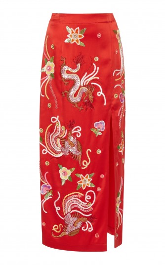 Attico Envers Satin Skirt | red embroidered pencil skirts | oriental style embroidery