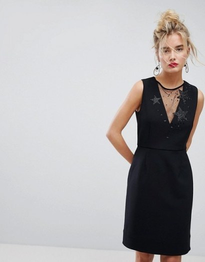 Essentiel Antwerp Star Embellished Mesh Insert Dress | LBD | black party dresses - flipped
