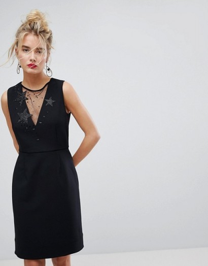 Essentiel Antwerp Star Embellished Mesh Insert Dress | LBD | black party dresses