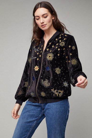 Seen Worn Kept Estella Velvet Zodiac Bomber | cosmic/celestial embroidered jackets | casual luxe - flipped
