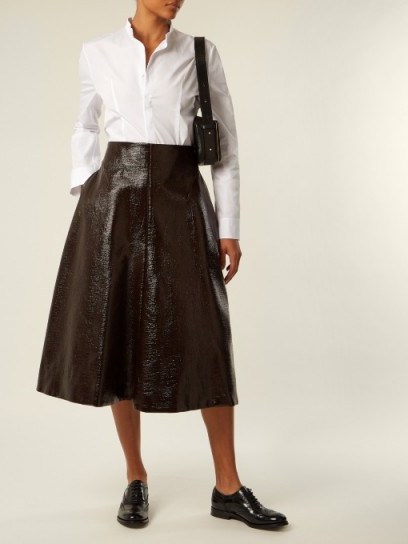 JIL SANDER Ethic coated-cotton A-line skirt ~ dark-brown high shine skirts - flipped