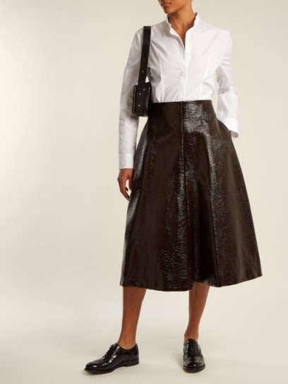 JIL SANDER Ethic coated-cotton A-line skirt ~ dark-brown high shine skirts