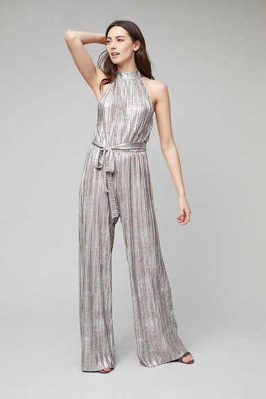 Anthropologie Evelyn Metallic Pleated Jumpsuit ~ silver luxe jumpsuits - flipped