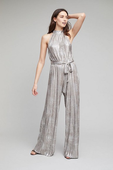 Anthropologie Evelyn Metallic Pleated Jumpsuit ~ silver luxe jumpsuits