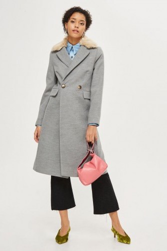 Topshop Faux Fur Collar Coat / grey double breasted coats - flipped