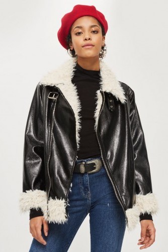 Topshop Faux Fur Lined Vinyl Biker Jacket | stylish winter jackets - flipped