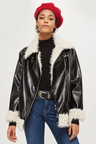 Topshop Faux Fur Lined Vinyl Biker Jacket | stylish winter jackets