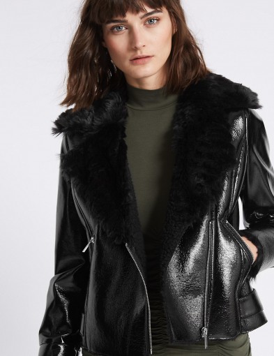Marks and Spencer LIMITED EDITION Faux Leather Biker Jacket / black fur jackets / M&S winter outerwear
