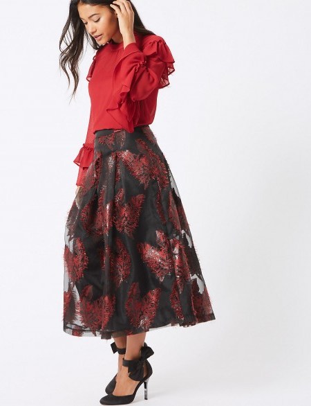 M&S COLLECTION Feather Flared Jacquard A-Line Midi Skirt | sheer overlay skirts | party fashion - flipped