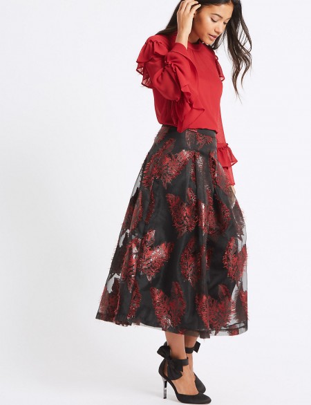 M&S COLLECTION Feather Flared Jacquard A-Line Midi Skirt | sheer overlay skirts | party fashion