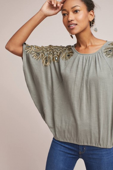 Vanessa Virginia Feather-Cloaked Top | grey embellished batwing tops