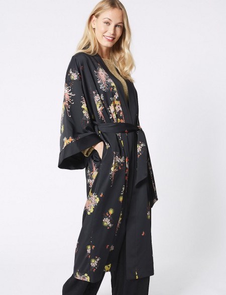 M&S COLLECTION Floral Print Long Sleeve Kimono – Marks and Spencer kimonos – slinky evening coats - flipped