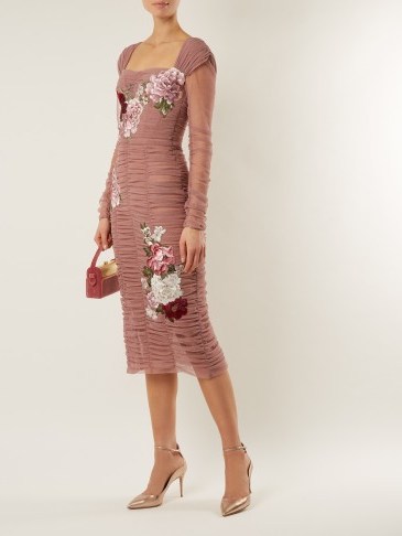 DOLCE & GABBANA Floral-embroidered stretch-cotton tulle dress ~ pink ruched dresses ~ beautiful Italian clothing - flipped
