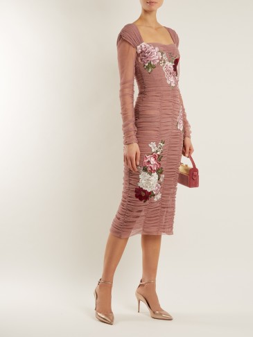 DOLCE & GABBANA Floral-embroidered stretch-cotton tulle dress ~ pink ruched dresses ~ beautiful Italian clothing