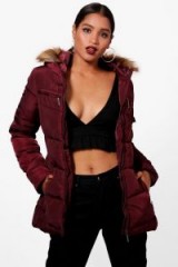 boohoo Florence Belted Faux Fur Trim Padded Coat | wine-red winter coats