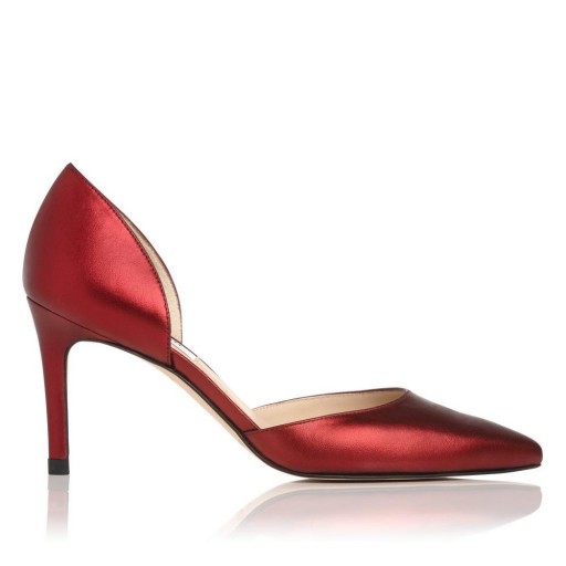 L.K. Bennett FLOSSIE BORDEAUX LEATHER OPEN COURTS ~ metallic-red court shoes