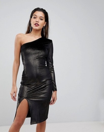Flounce London Glitter Velvet One Shoulder Midi Dress ~ shimmering black bodycon dresses - flipped